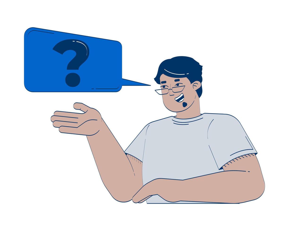Glasses arab man asking question with speech bubble 2D doodle character. Friendly guy gesturing while speaking cartoon person drawing isolated on white. Hand drawn illustration colorful vector