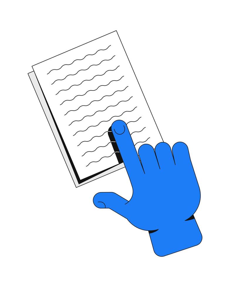 Interactive reading gesture illustration. User engagement with written content. Hand finger pointing at text on document page 2D cartoon image isolated on white. Editable flat clipart colorful vector