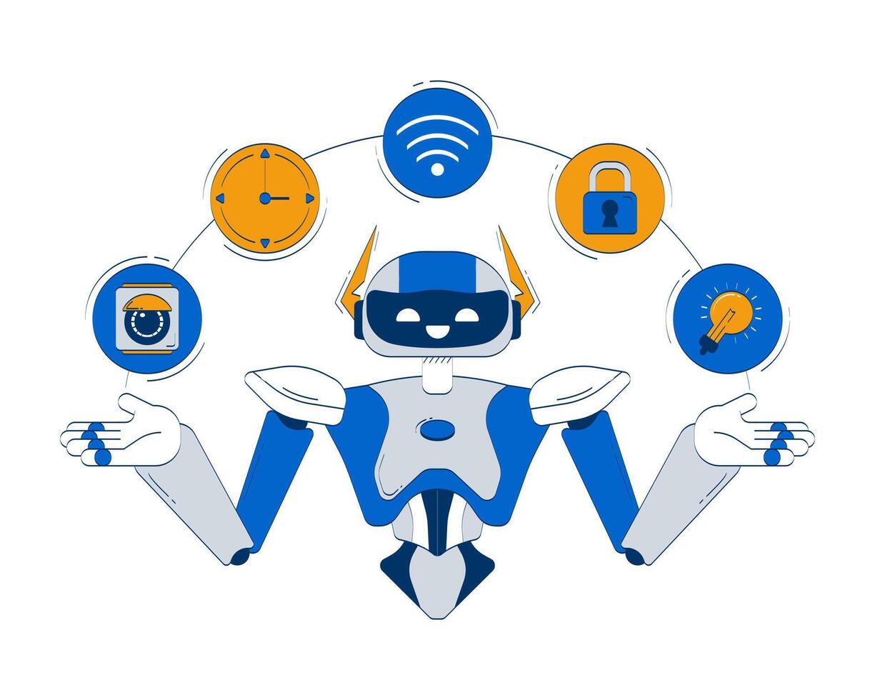 AI in smart home doodle illustration concept. WiFi, fixtures, security, timer orchestration. AI assistant managing IoT automation cartoon 2D character isolated on white. Hand drawn metaphor vector