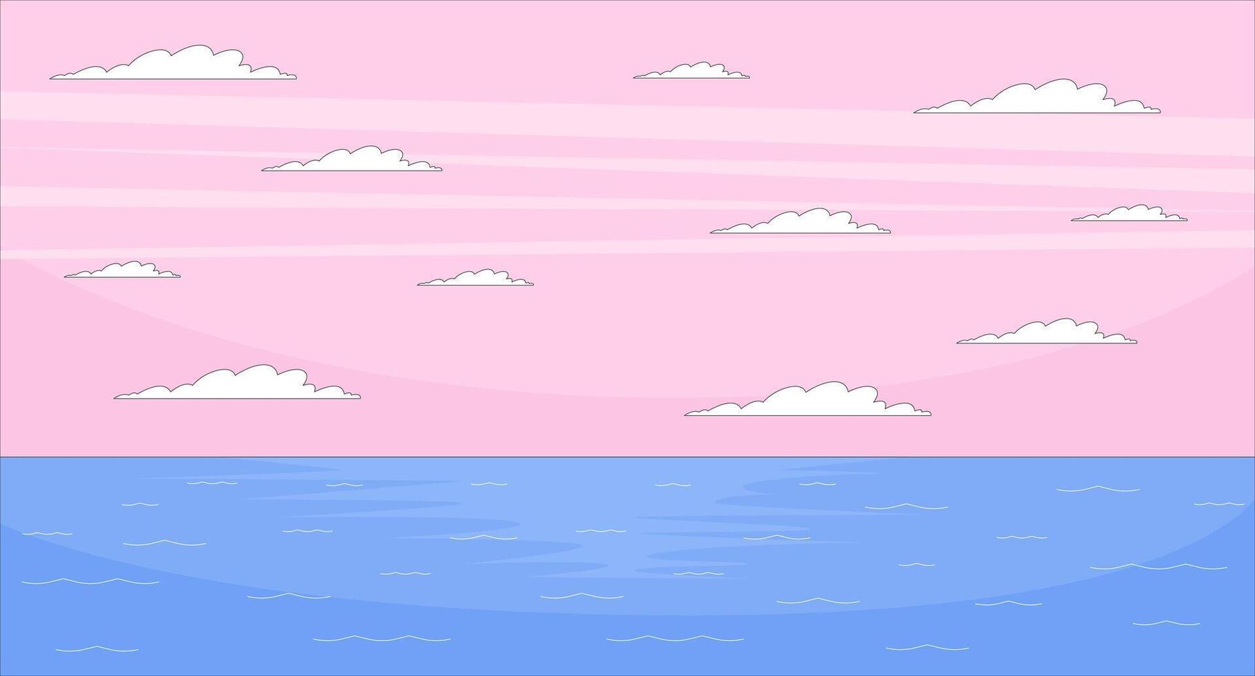 Pink sunset sky over calm ocean flat illustration background. Seascape marine scenery. Oceanscape waterscape. Peaceful sea water under white clouds 2D cartoon backdrop. Colorful scene art image vector