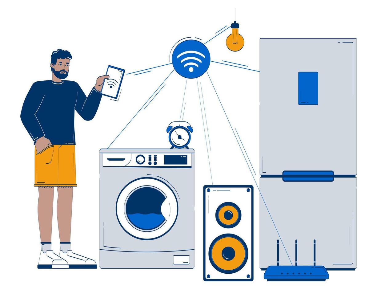 Black man managing smart household appliances using tablet doodle illustration concept. Wi-Fi technology. IoT user with home devices cartoon 2D character isolated on white. Hand drawn metaphor vector
