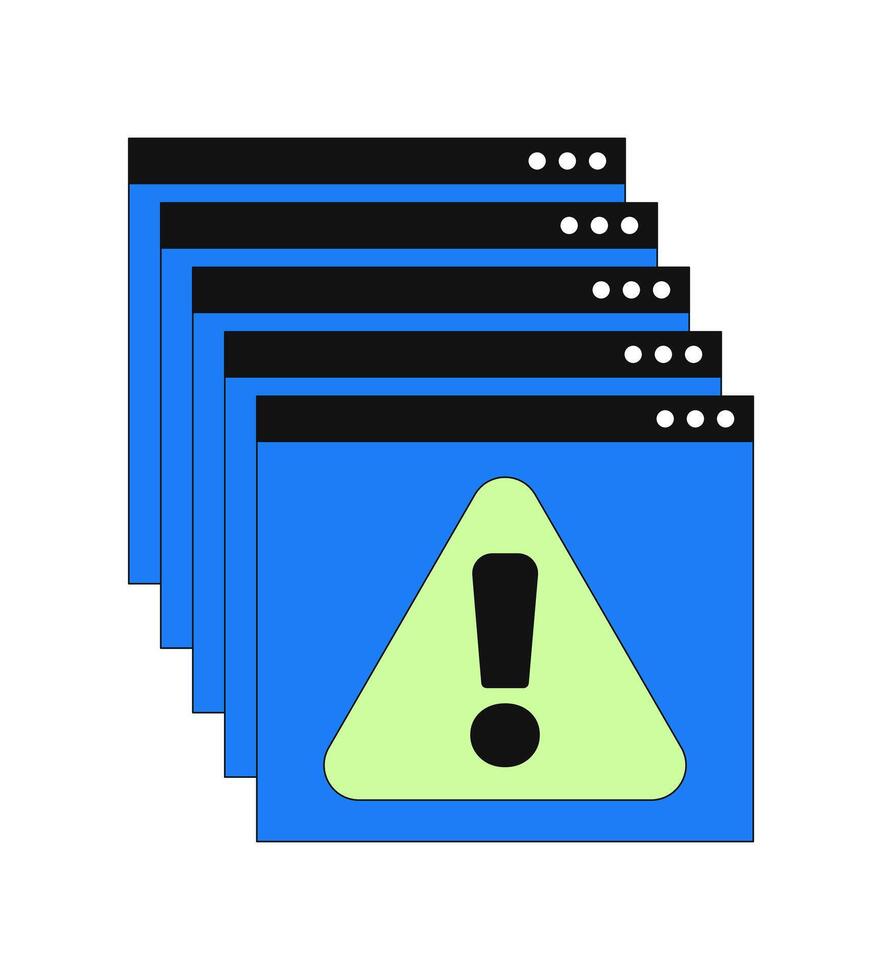 Error messages web multiple popups 2D cartoon object. Overlapping browser windows with alert triangle and exclamation mark isolated element flat clip art on white. Spot illustration vector