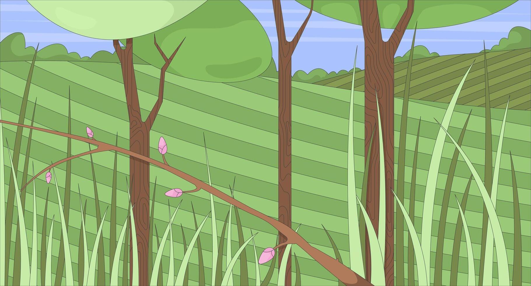Spring grassland landscape with bud branch and trees flat illustration background. Tall grasses, rolling hills. Springtime field. Summer nature 2D cartoon backdrop. Colorful scene art image vector