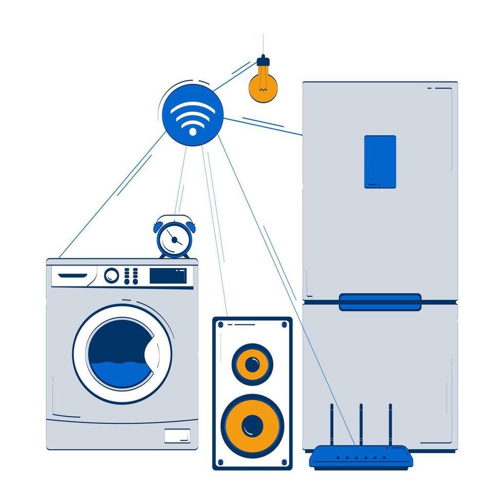 Connected via Wi-Fi smart home appliances doodle illustration concept. IoT fridge, washing machine, alarm clock, speaker, lightbulb cartoon composition isolated on white. Hand drawn metaphor vector