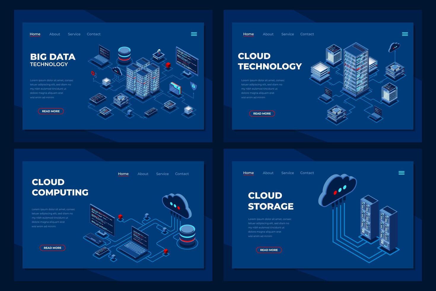 Set of isometric landing page template. Modern technology concept for cloud computing and big data technology. Isometric technology vector