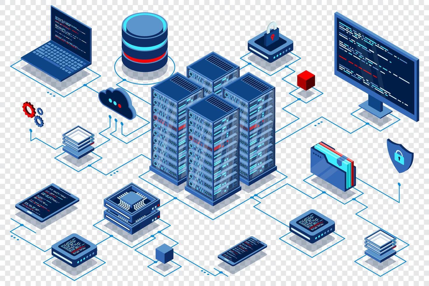 Computation of big data center. Cloud computing. Online devices upload and download information. Isometric vector