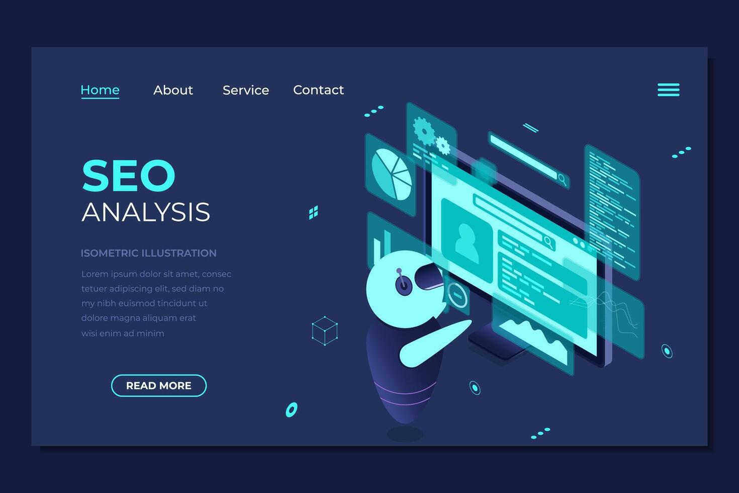 Isometric seo analysis landing page. Search engine optimization analysis concept. Digital technology website landing page. Isometric technology vector