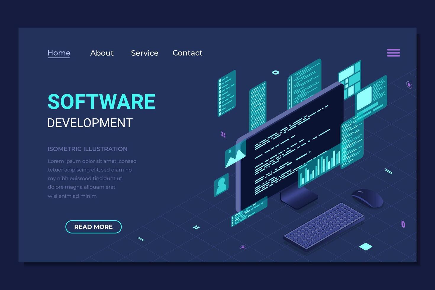 Isometric software development landing page. Program code on computer screen. Programming in isometric illustration. Isometric technology vector