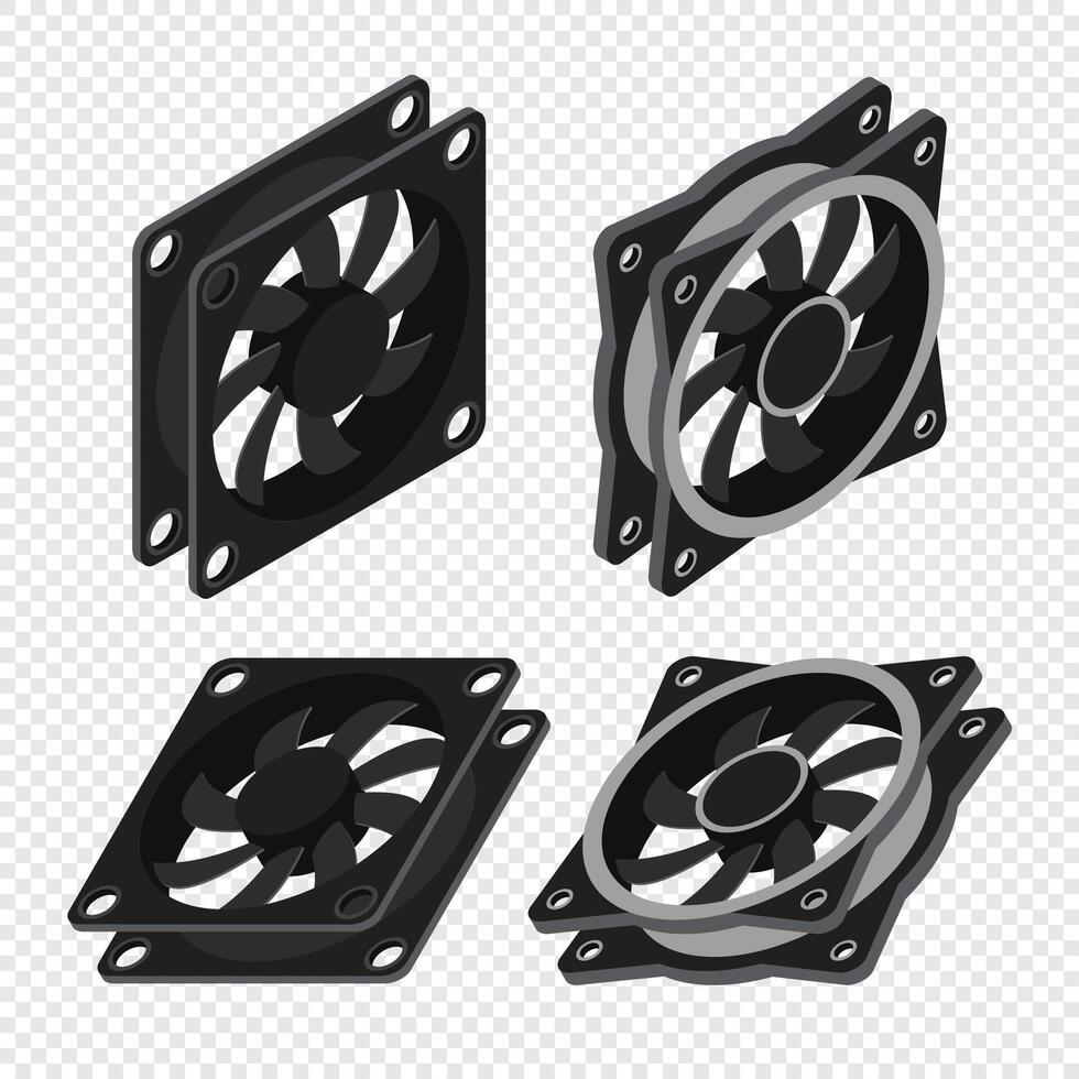 Set of isometric computer fan. Computer fan cooler. Isometric of PC case fan. Computer hardware components, vector