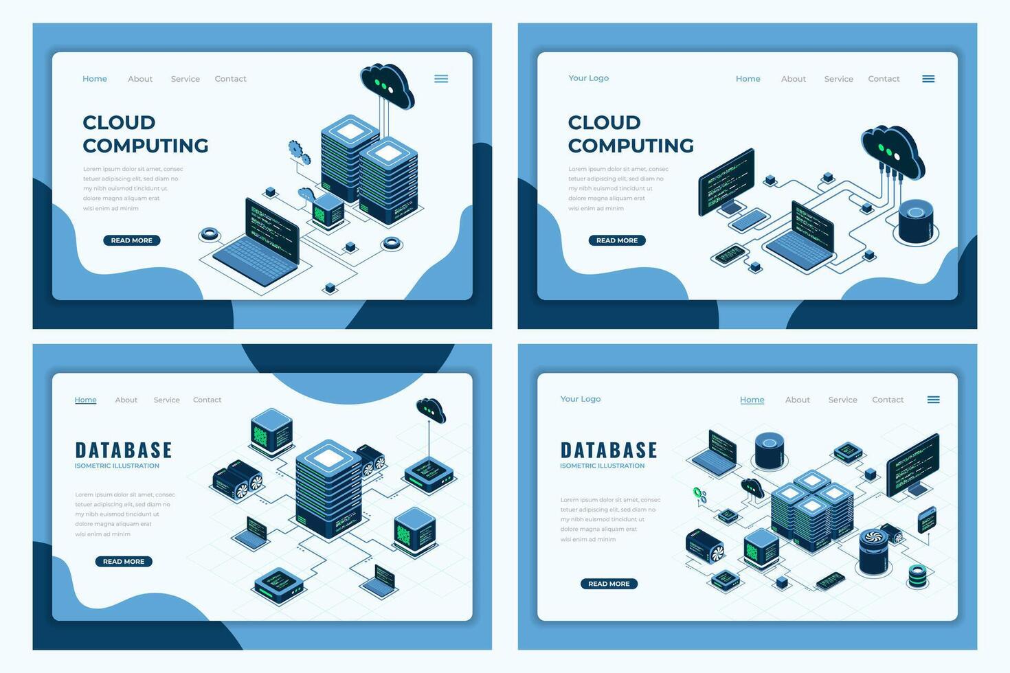 Set of isometric landing page template. Modern technology concept for cloud computing and database technology. Isometric technology. vector
