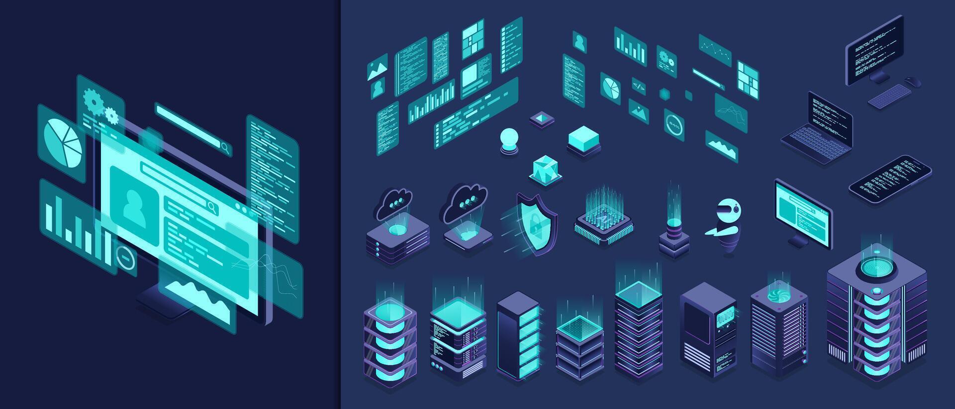 Set of isometric computer technology. Isometric set server equipment. Technology isometric icons. Digital technology items. Isometric technology, vector