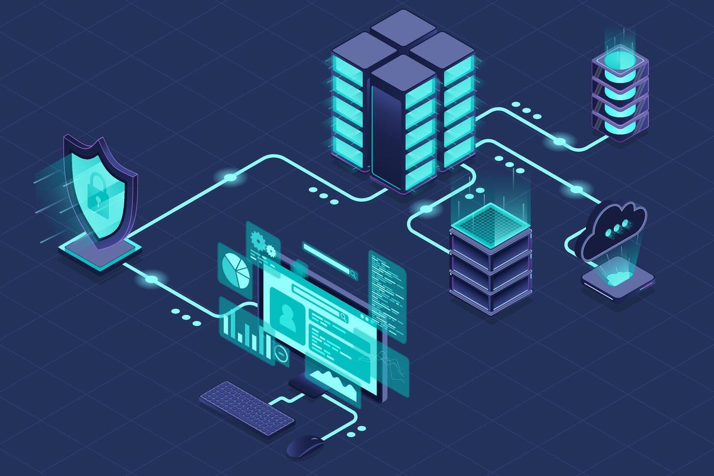 VPN protection with a shield. Virtual private network security technology concept. Cyber security. Isometric technology. vector