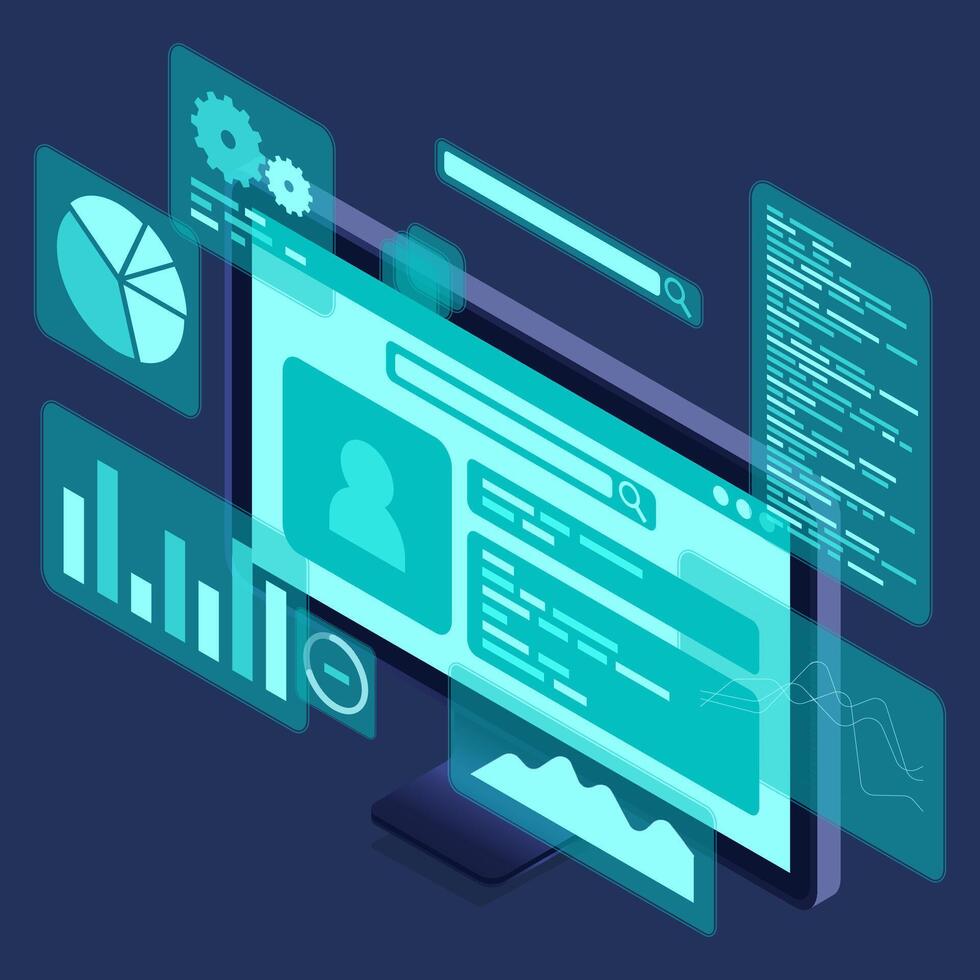 Computer monitor with blue virtual holographic projections with graphs and charts for data analysis. Analytics data on monitor. Web development concept. Isometric technology. vector