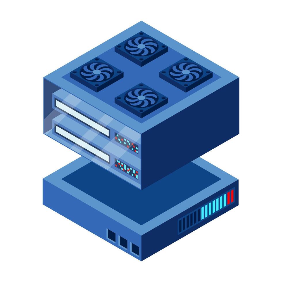 Isometric futuristic server. Isometric database or data center. Abstract blockchain. Computer storage. Cloud storage. Isometric. vector