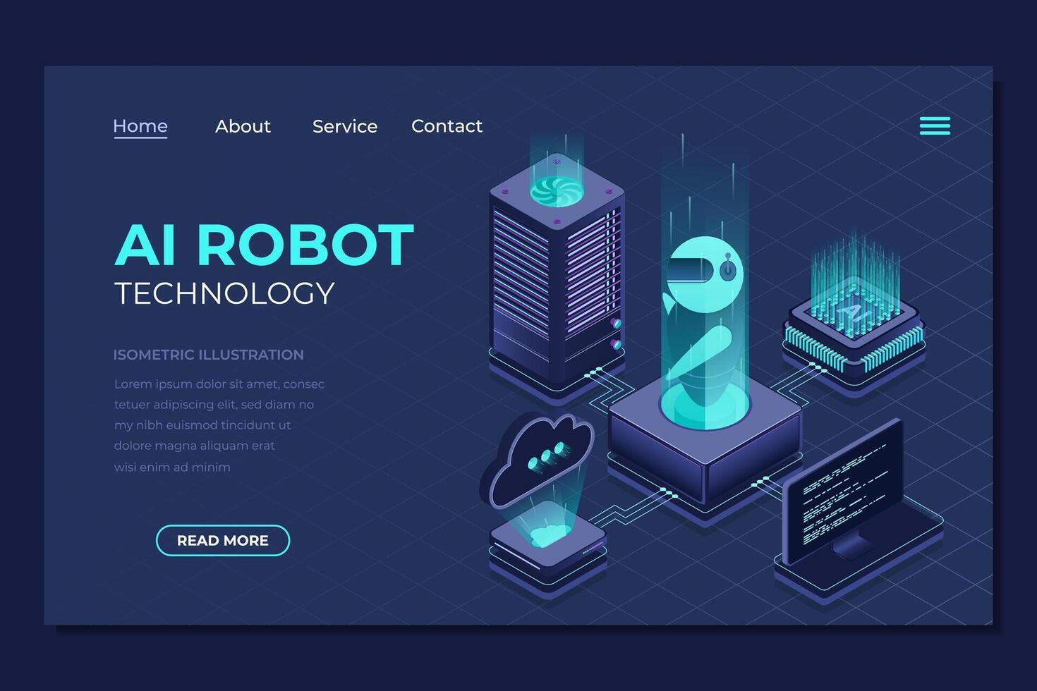 Isometric artificial intelligence robot landing page. Machine learning technology. Digital technology website landing page. Isometric technology vector