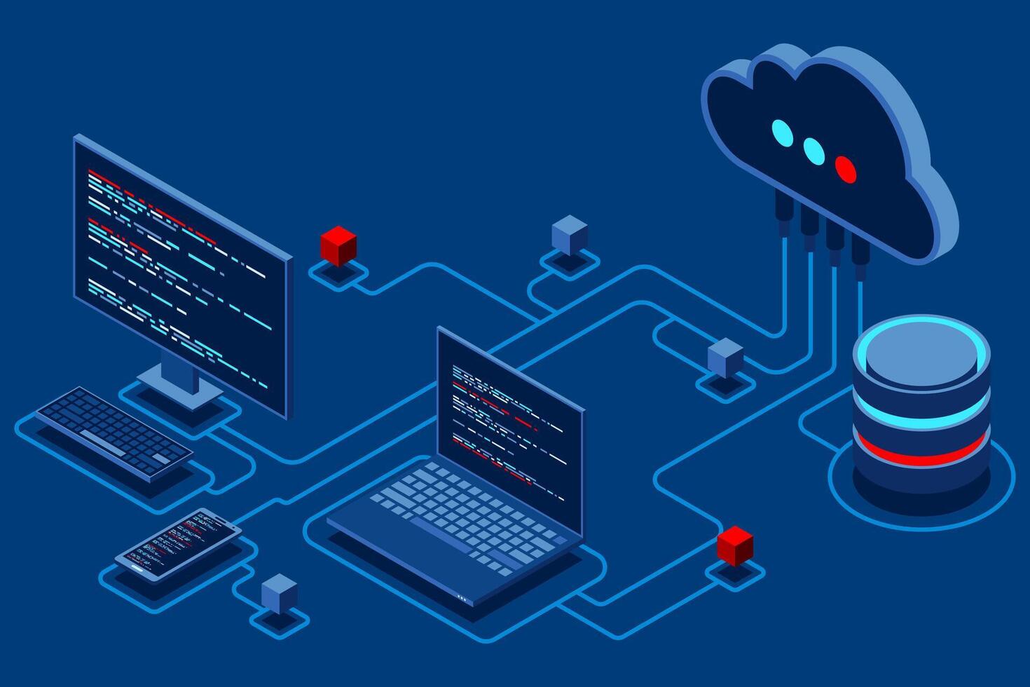 Cloud technology computing concept. Modern cloud technology. Data center isometric concept. Isometric cloud technology with datacenter. Web hosting concept. Isometric vector