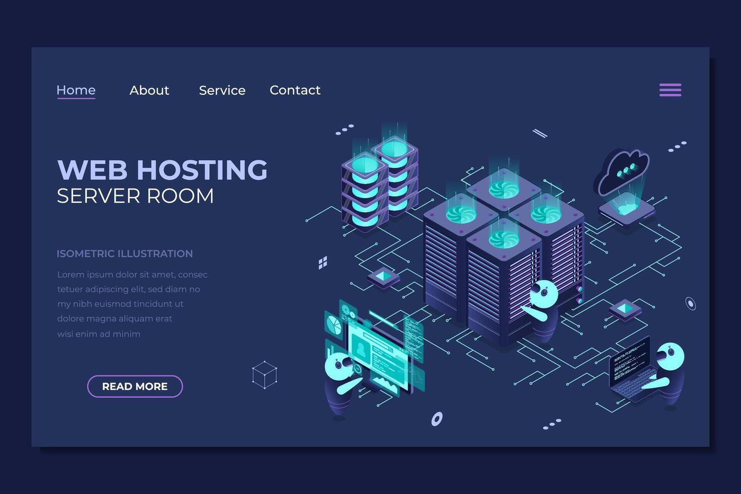 Isometric web hosting landing page. Concept of server hosting. Online computing technology. Digital technology website landing page. Isometric technology vector