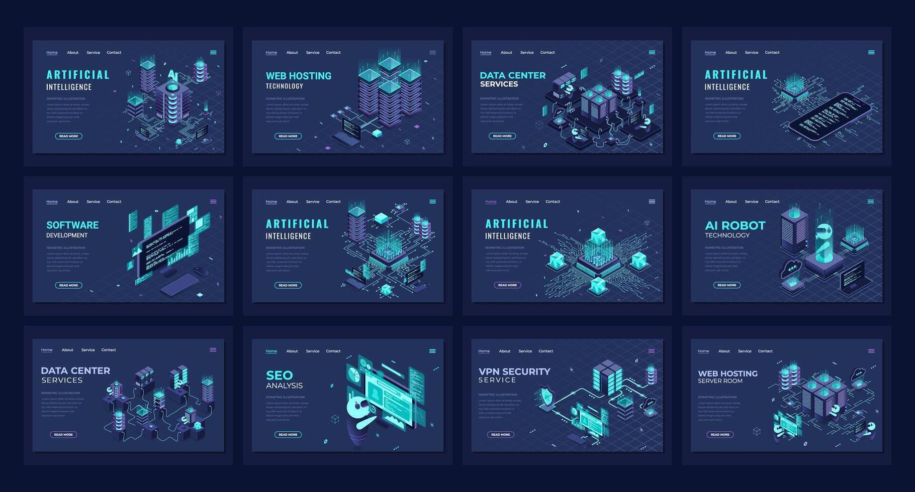 Large set of isometric landing page template. Modern technology concept for data center, web hosting, and artificial intelligence. Isometric technology vector