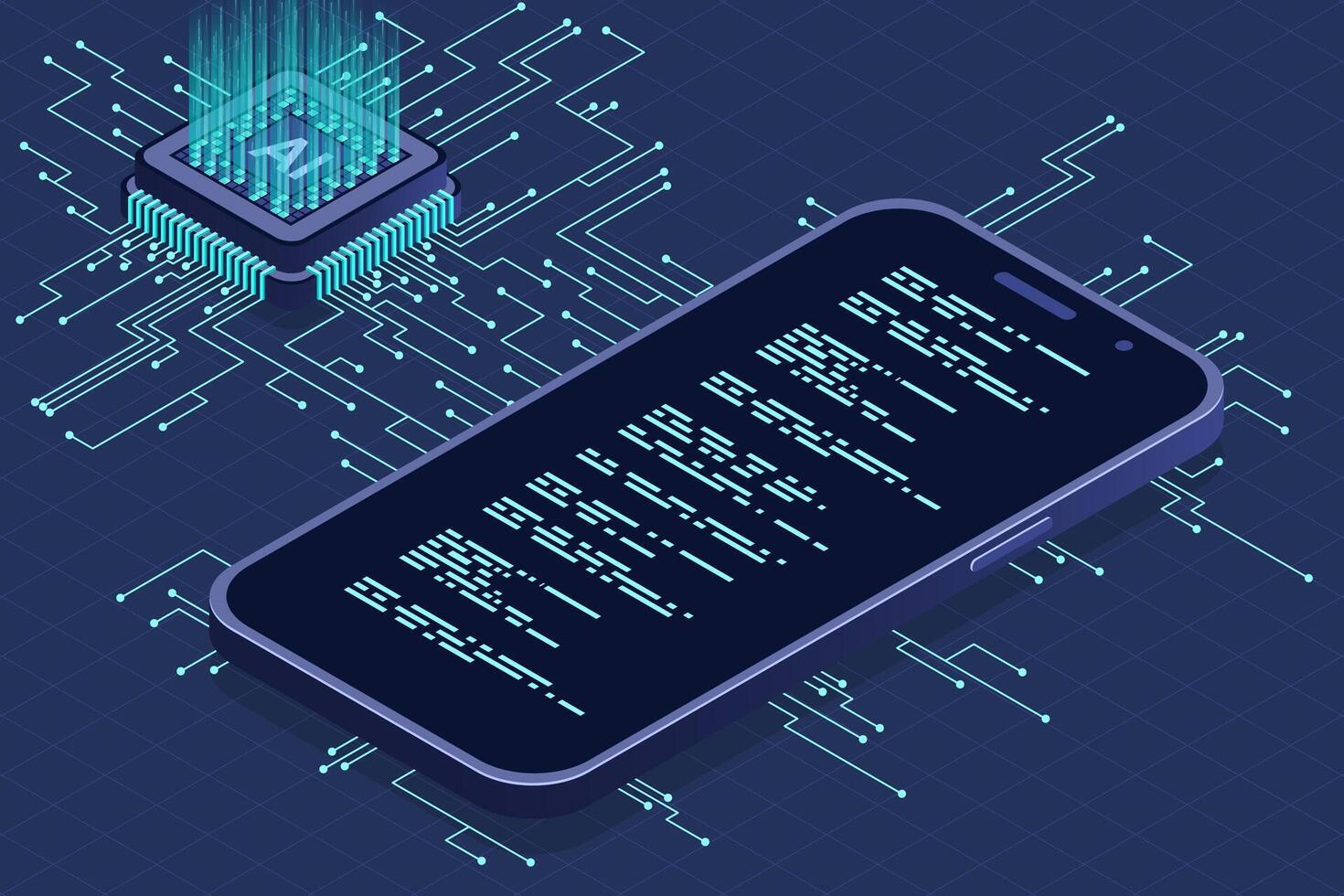 Isometric smartphone with AI. Artificial intelligence and smartphone concept. Smartphone with futuristic artificial intelligence processor. Isometric technology, vector