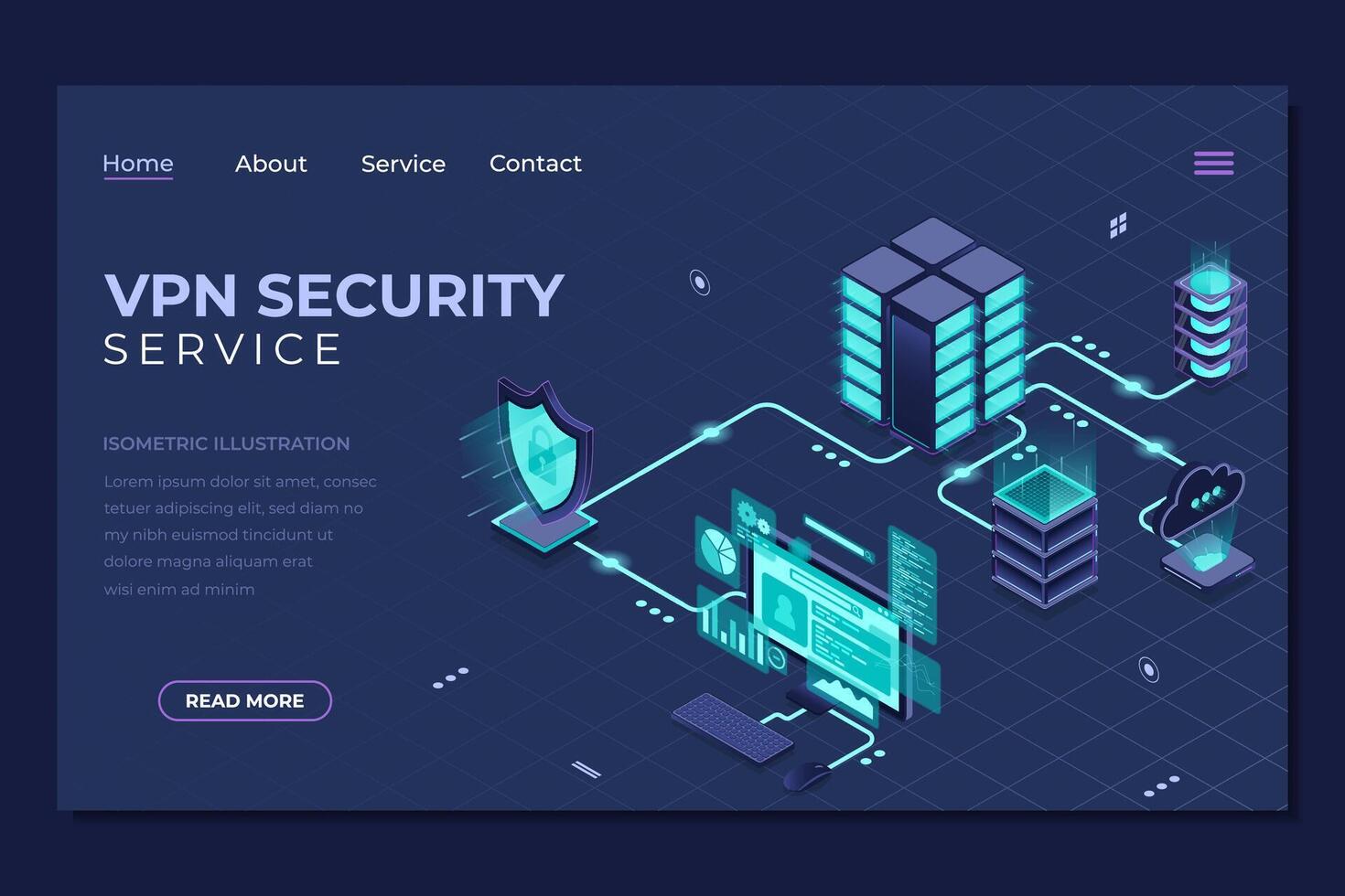Isometric VPN security landing page. Cyber security. Digital technology website landing page. Isometric technology vector