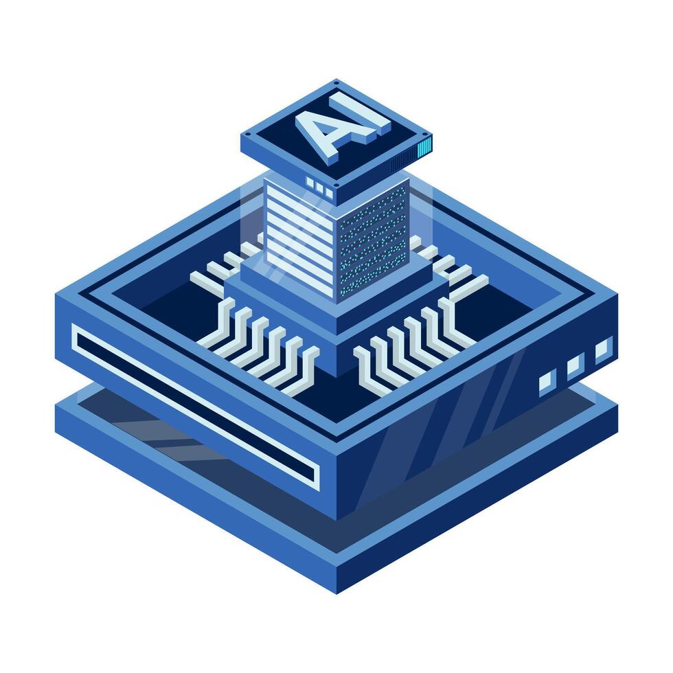 Isometric artificial intelligence chip concept. Artificial intelligence concept. Futuristic microchip processor. vector
