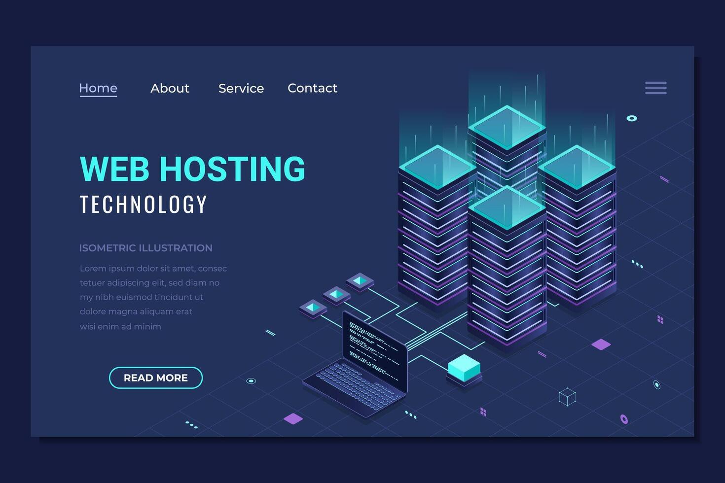 Isometric web hosting landing page. Computing cloud and connections. Web hosting concept. Landing page template design. Isometric technology vector