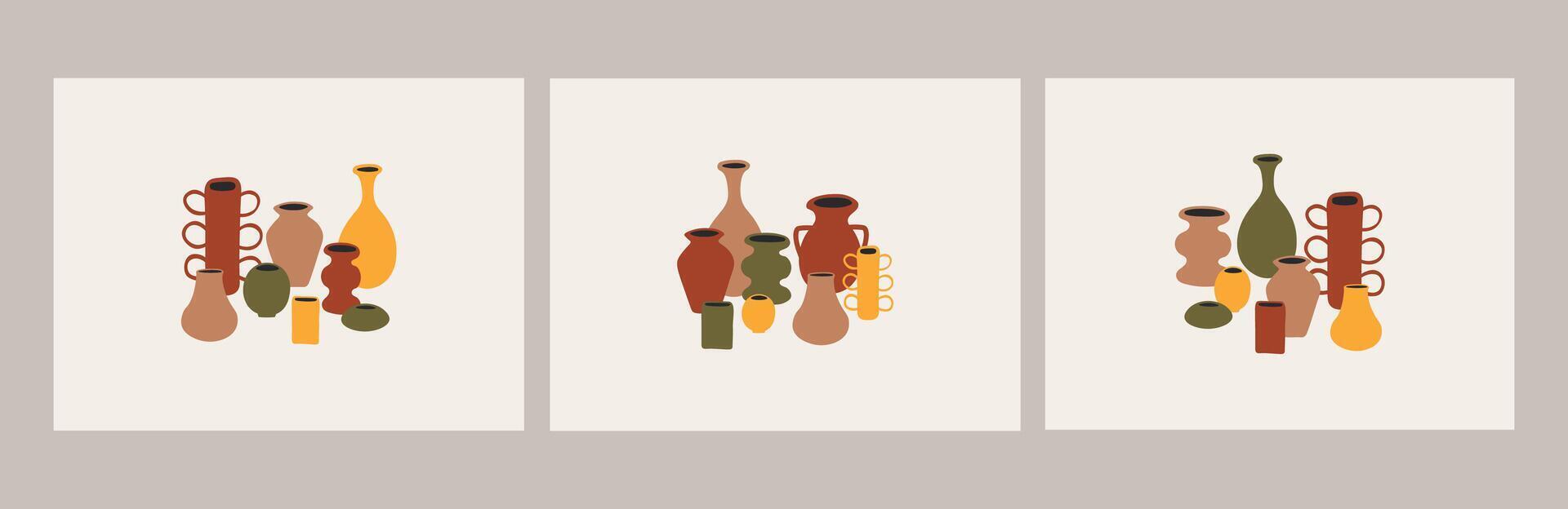 Posters with still life, Ceramic Vases, pots. Hand drawn cards with various moulded clay jugs for interior wall decoration, flyers sculpting studios, hobby, crockery. Design backgrounds vector