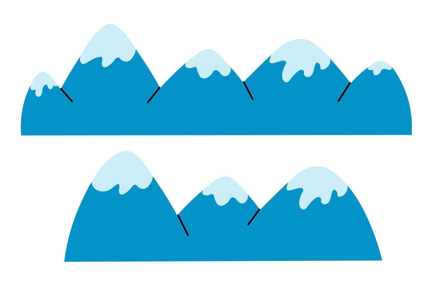 Mountains with snow on the top cartoon illustration on isolated background. Doodle with Mountainous sketches in flat style. Hand drawn Hilly landscapes. Tourism, travel, nature, lifestyle vector