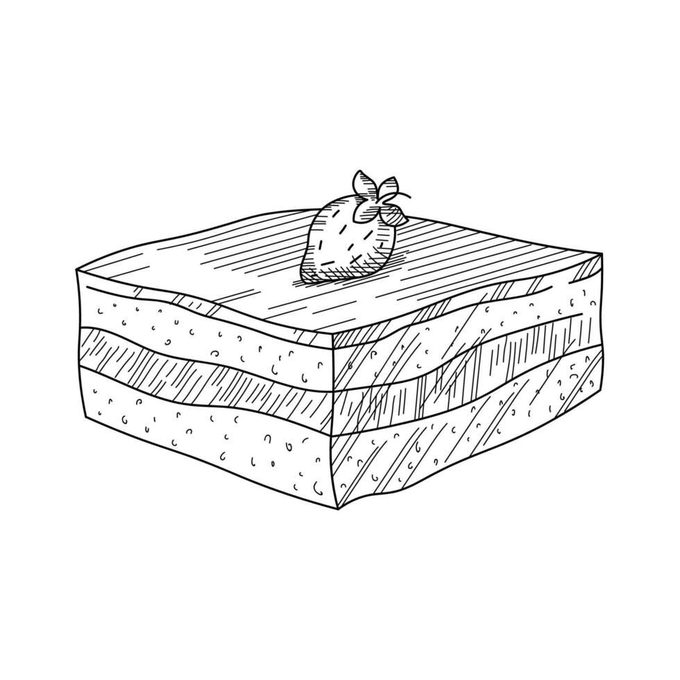 Engraved Tiramisu Cake with strawberry on isolated background. sketch of Italian dessert with mascarpone cheese and chocolate for menu, card, logo, print, sign. Food hand drawn in vintage style vector