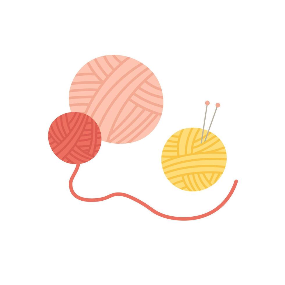 Knitting icon with balls of thread and knitting needles for text illustration on isolated background. Hand drawn label border with skeins of yarn of different colours. Handicraft and hobby vector