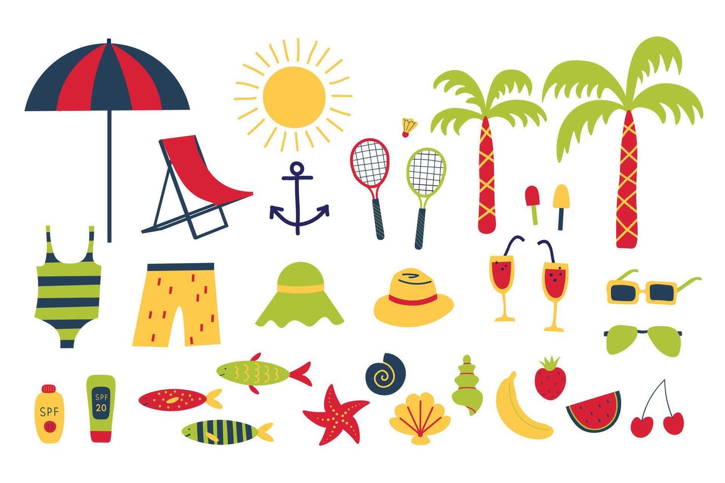 Summer doodle with Sea Accessories tropical nature elements, fruits on isolated background. illustration with sun umbrella, rackets, swimsuit, panamas, anchor, sunscreen, palms, fish, shells vector