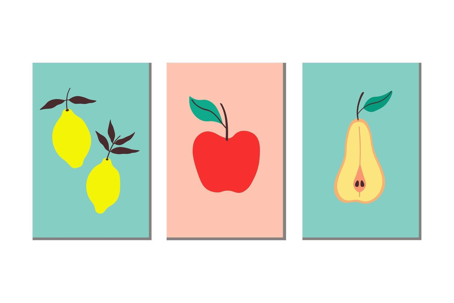 Posters with Fruits harvest in minimalist conceptual style. Modern Border Cards with lime, pear, apple, leaf. Design backgrounds for printing, menu, wallpaper, template. Food, summer, fruity vector