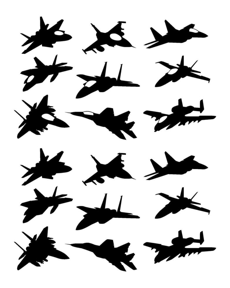 set of fighter jet aircraft black silhouette vector