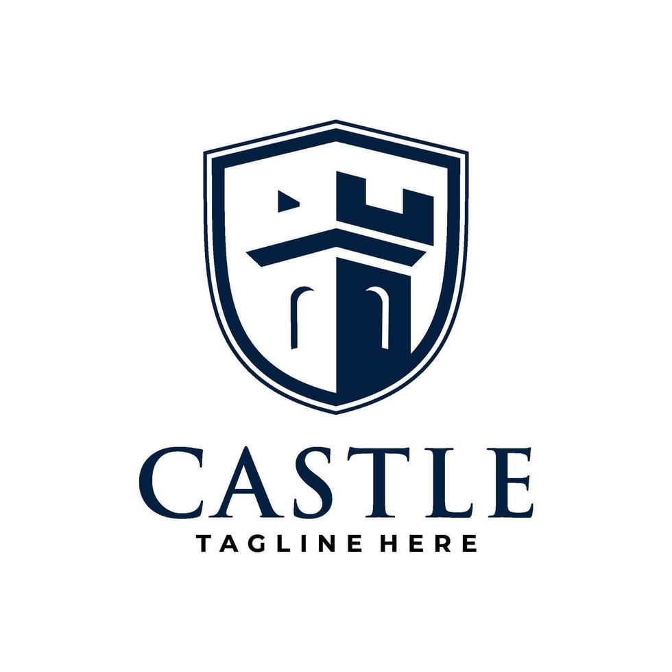 castle logo with shield emblem design illustration vector