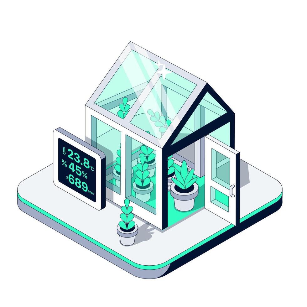 Smart Greenhouse with real-time Climate Monitoring. Fresh plants thrive in a controlled eco-environment. Modern technology meets sustainable gardening. Isometric illustration vector