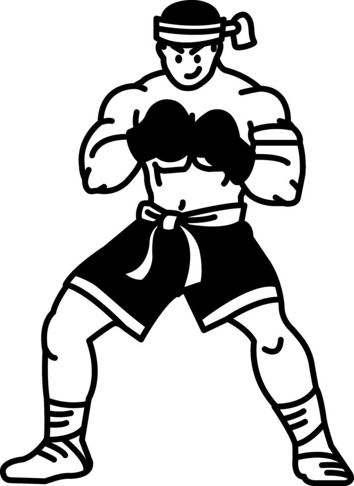 black and white single illustration of a thai boxer vector