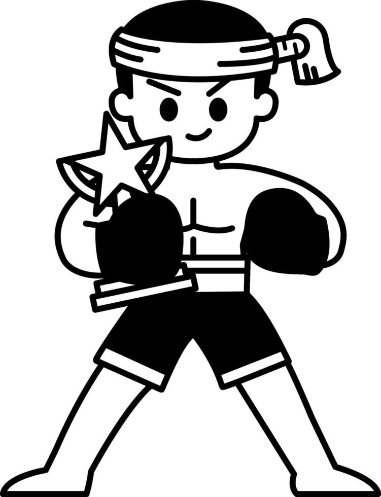 black and white illustration of Muay Thai boxer holding a trophy vector