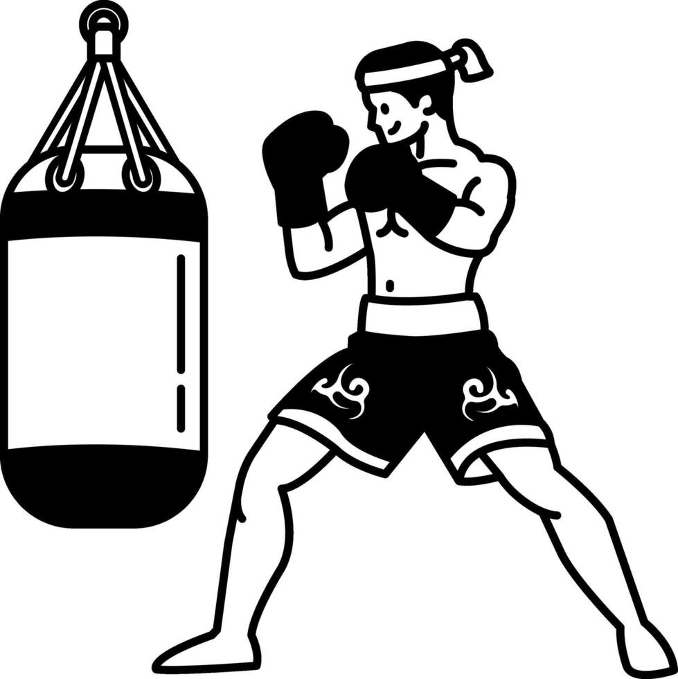 black and white Muay Thai boxer punching a sandbag vector
