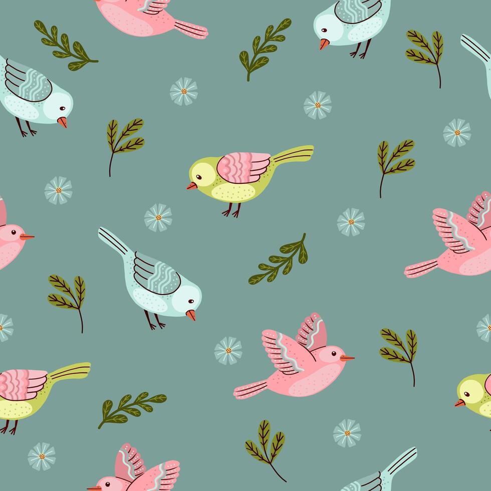 Seamless pattern featuring fantasy birds in pastel tones on dark background, perfect for textile design, wallpapers, and gentle decor themes. vector