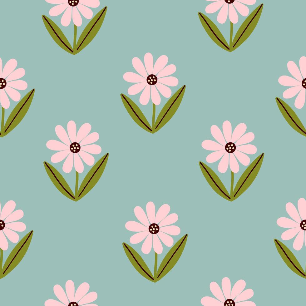 Minimal seamless floral pattern with hand drawn pink flowers in flat style on a blue-green background, perfect for textile or wallpaper vector