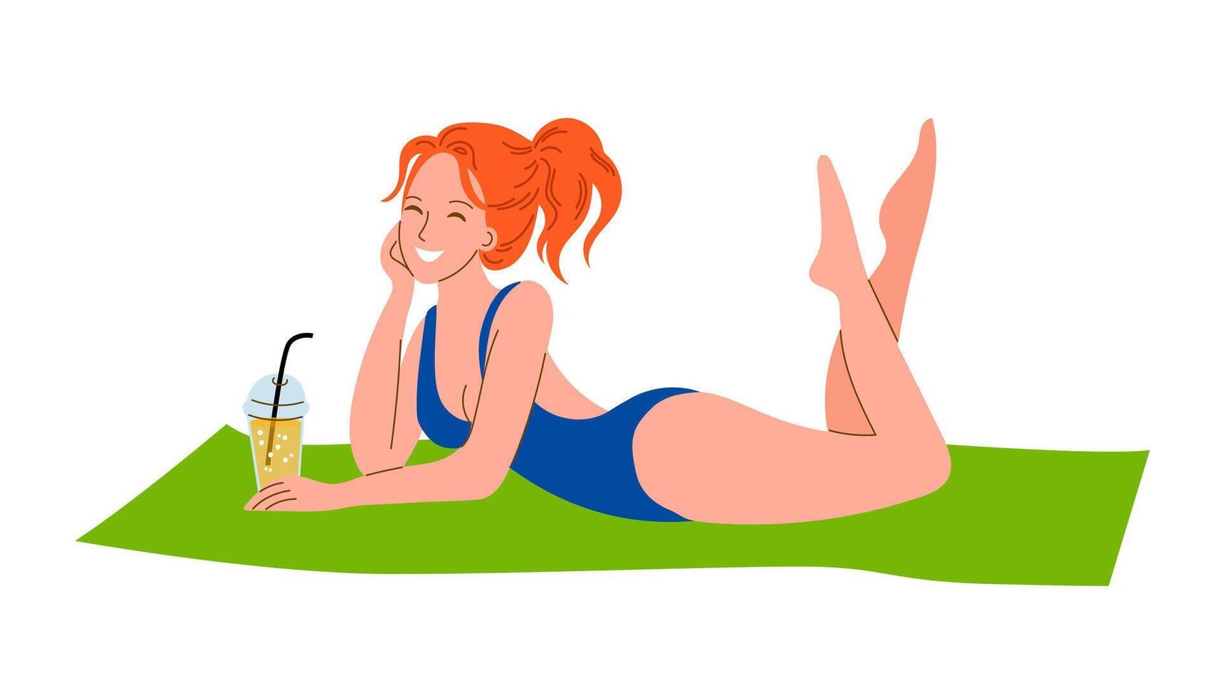 Cheerful red-haired woman in a swimsuit lying on a mat, holding a transparent glass with a cocktail and straw, isolated on white. vector
