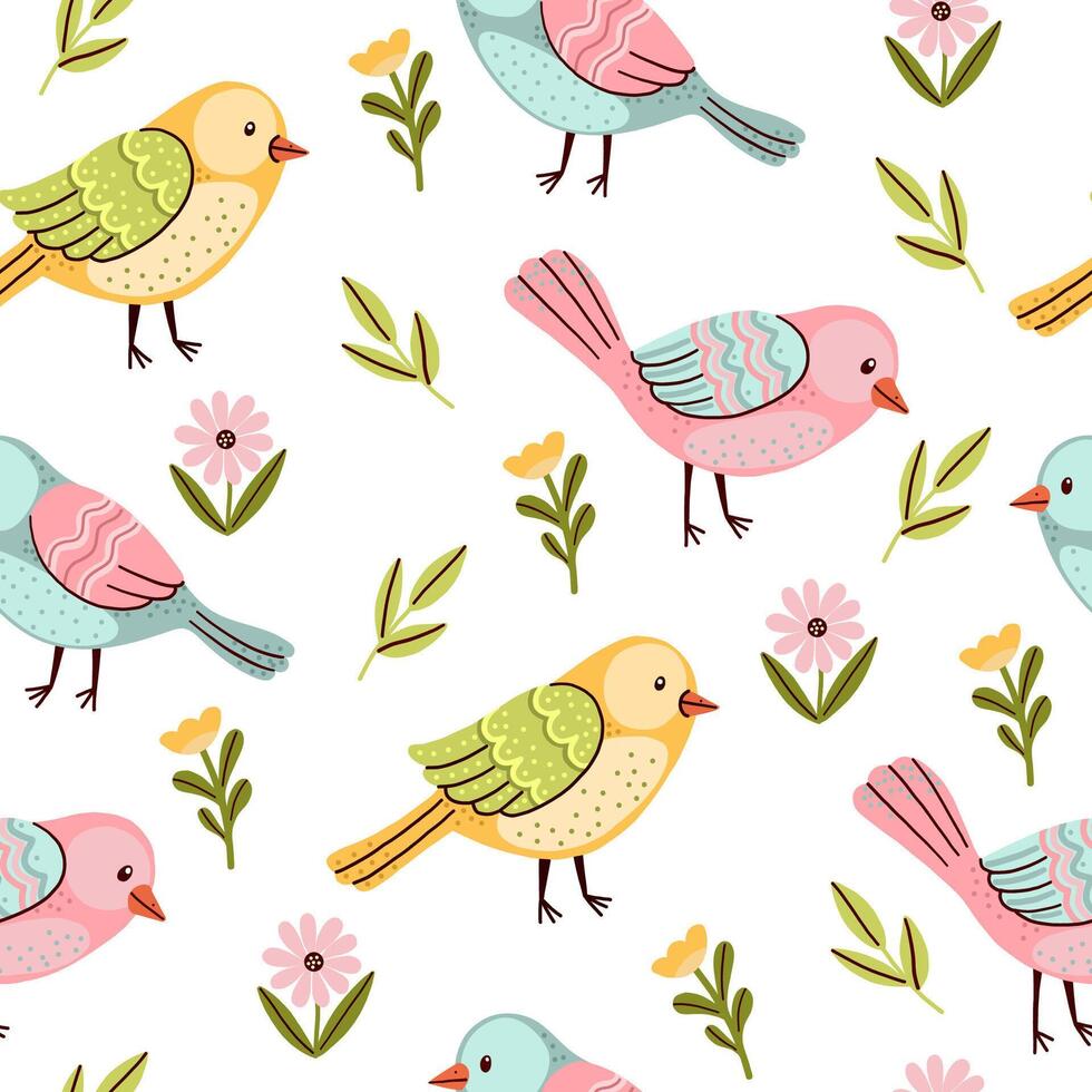 Seamless hand drawn pattern with fantasy pastel birds, flowers, and branches on a white background in a cute cartoon style vector