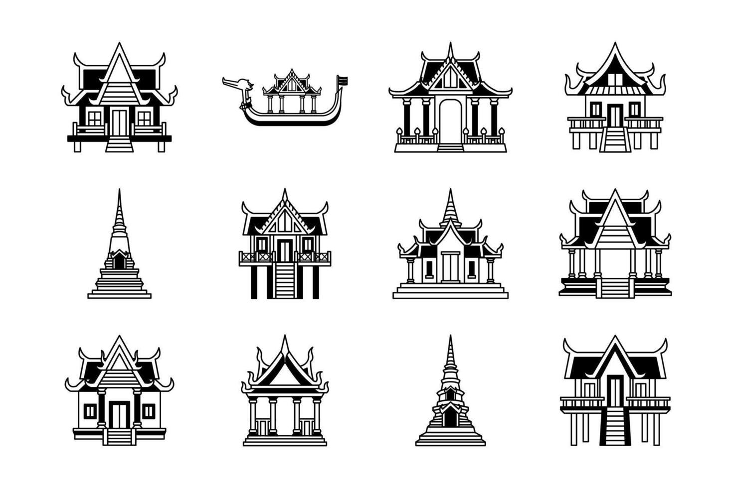 black and white icons of thai temple and traditional house collection vector