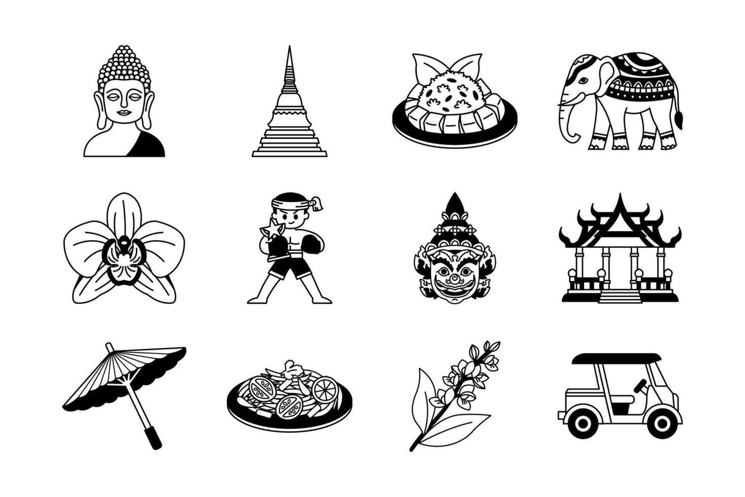 black and white icon of thailand culture food and thai boxing vector