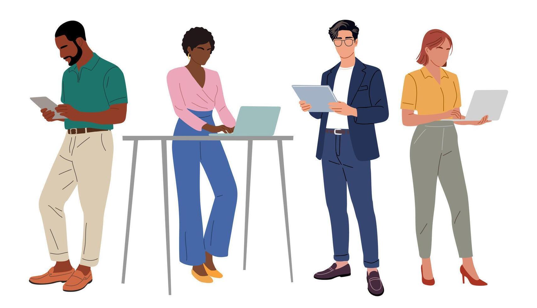 Business people working at laptop, digital tablet vector