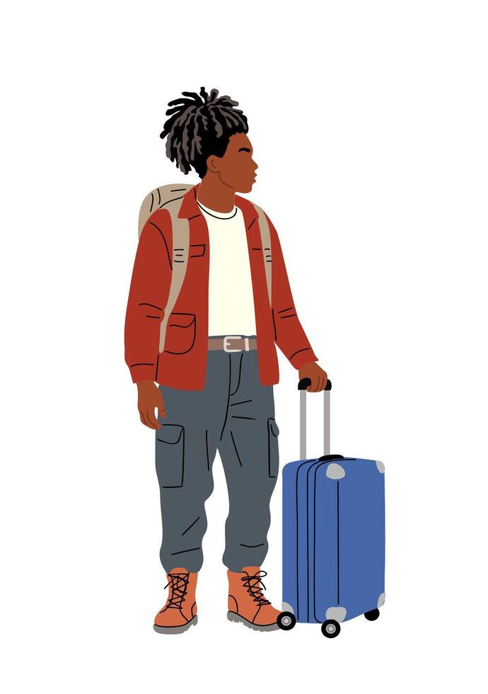 Stylish young traveler with suitcase and backpack vector