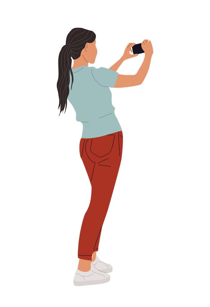 Young woman taking a picture with phone rear view vector