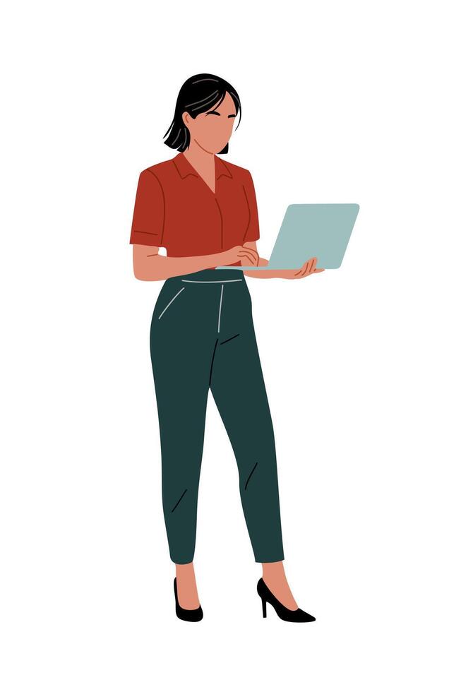 Business woman in casual outfit holding a laptop vector