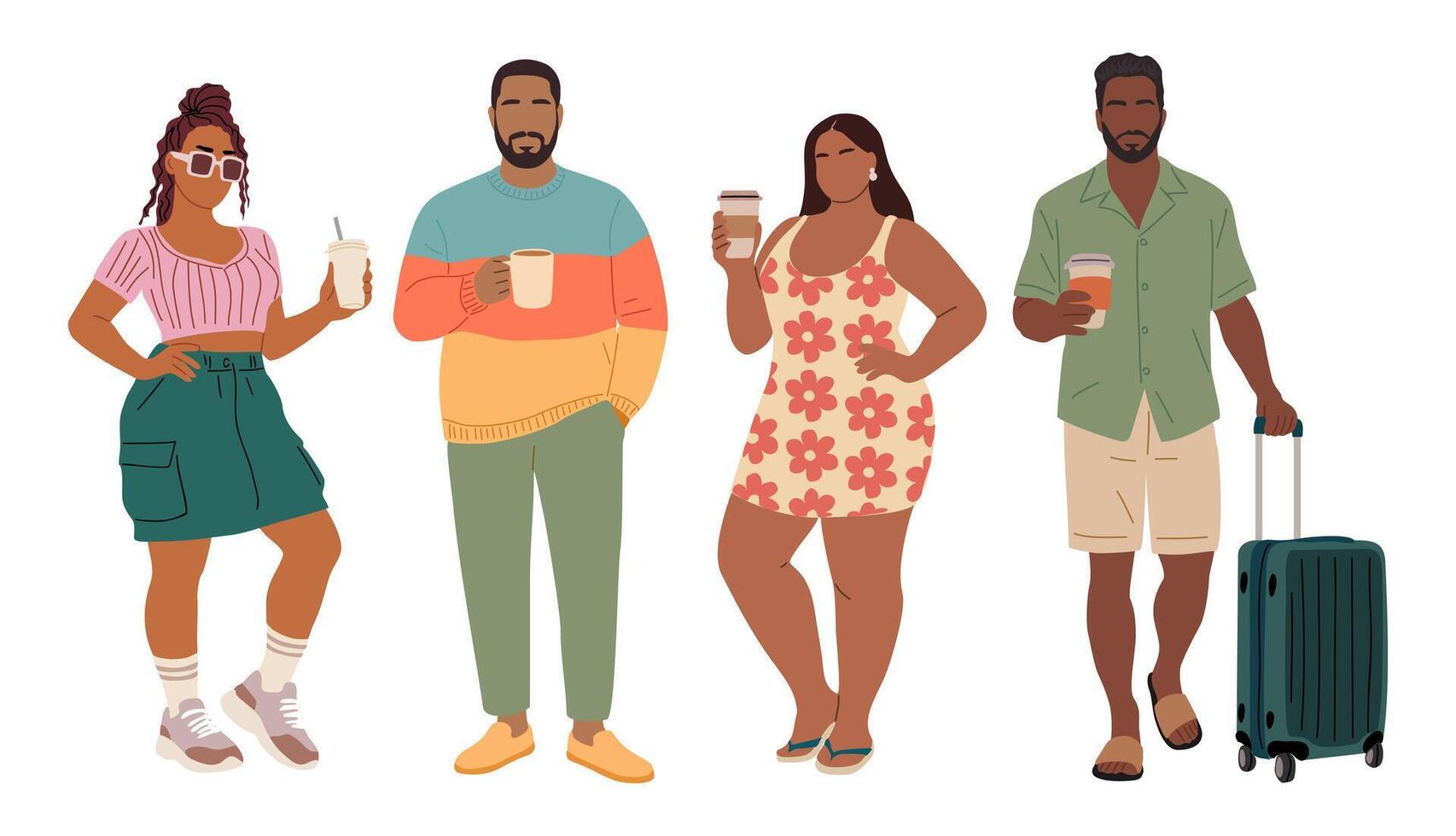 Set of different people standing with coffee cup vector