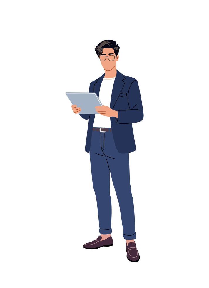 Businessman in smart casual attire with tablet vector